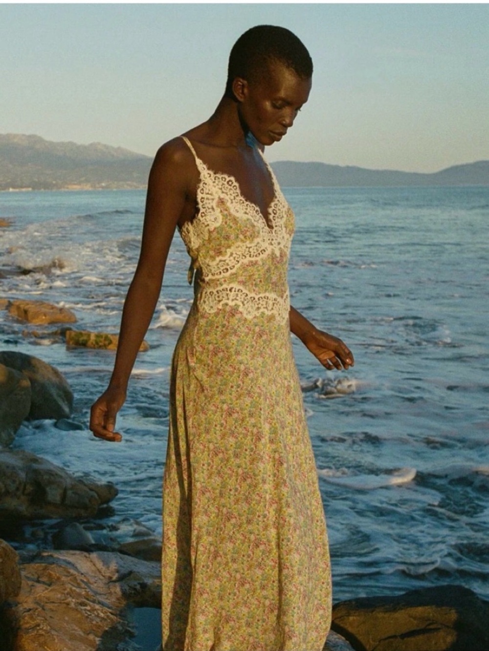 Doen Venus in liberty fabric Floral Lace-Trim Slip Dress in Green